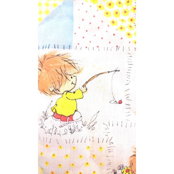 Vintage Patchwork Print Baby Quilt Child Yellow Little Lil Shavers 1970 Satin - Picture 12 of 13